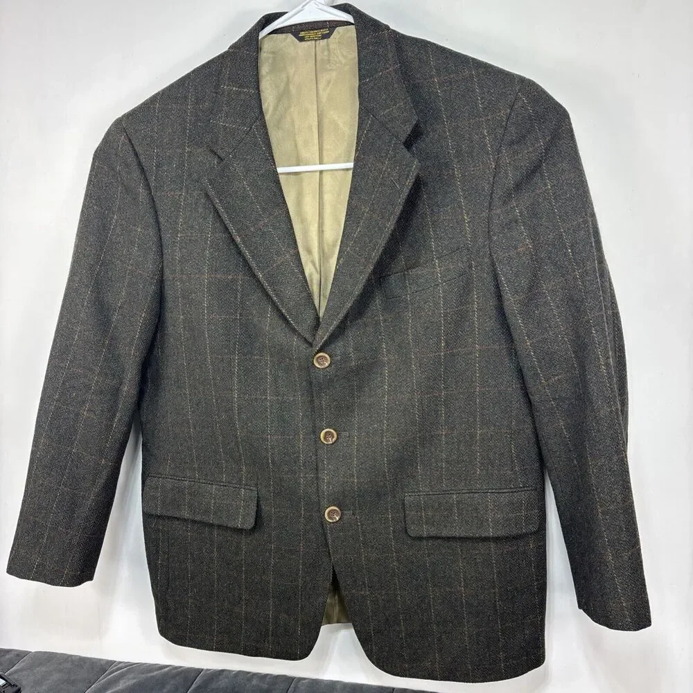 Palm Beach Plaid Tweed Blazer Mens 46 Brown 100% Wool Sport Coat‎ Vintage